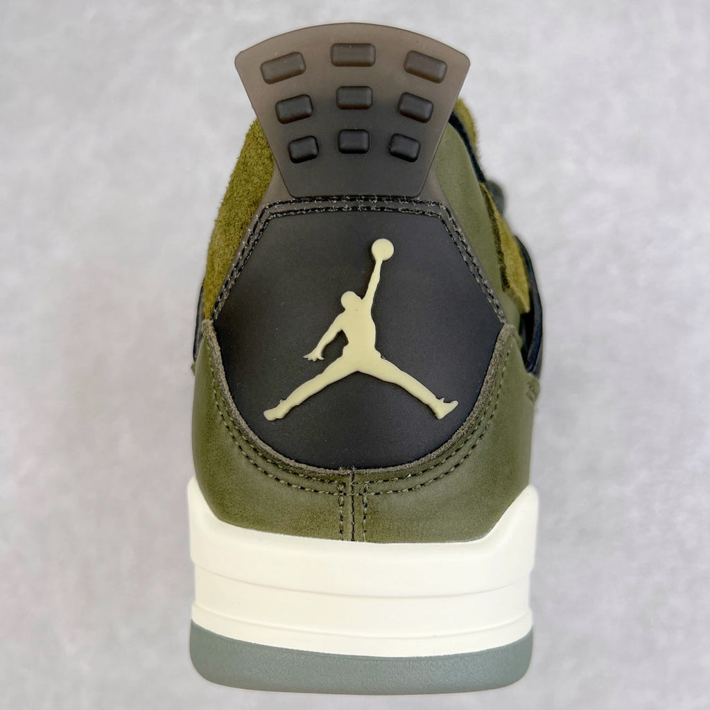 Olive heel of Air Jordan 4-style sneaker with black patch, Jumpman logo, and white sole