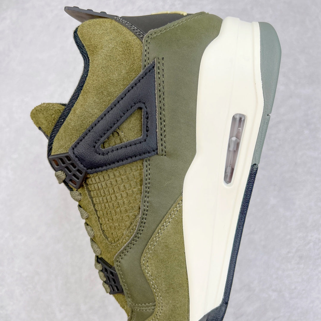 Olive and dark sneakers, side view with air-cushion sole detail and stitched overlays