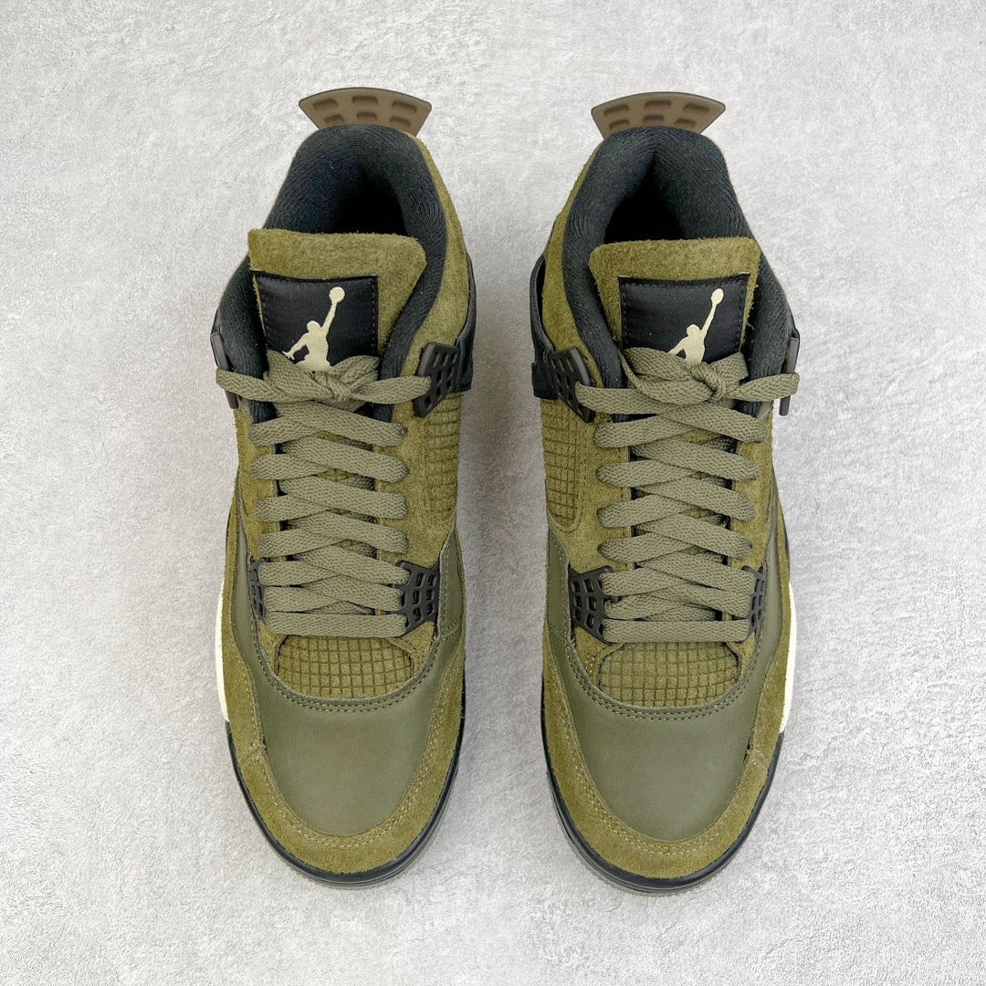 Pair of olive sneakers with dark lining, lace-up front, and Jumpman tongue logo
