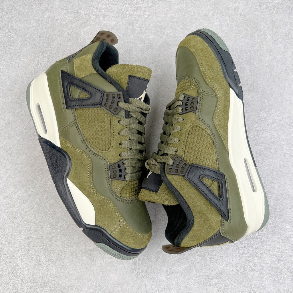 Olive and gray Air Jordan 4-style sneaker, side view with lace-up and mesh panels