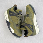 Olive and gray Air Jordan 4-style sneaker, side view with lace-up and mesh panels