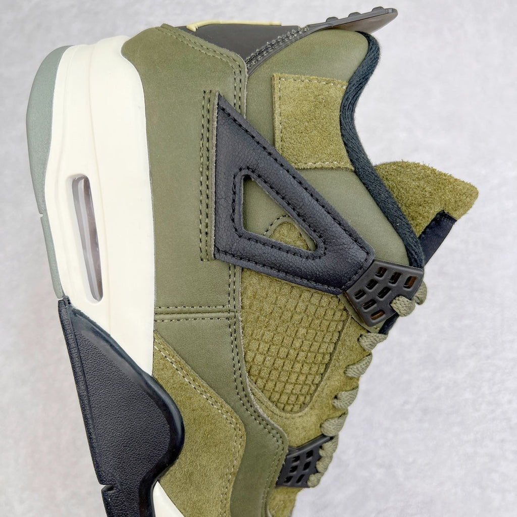 Side view of olive sneaker with dark overlays, air-cushion window, and white midsole