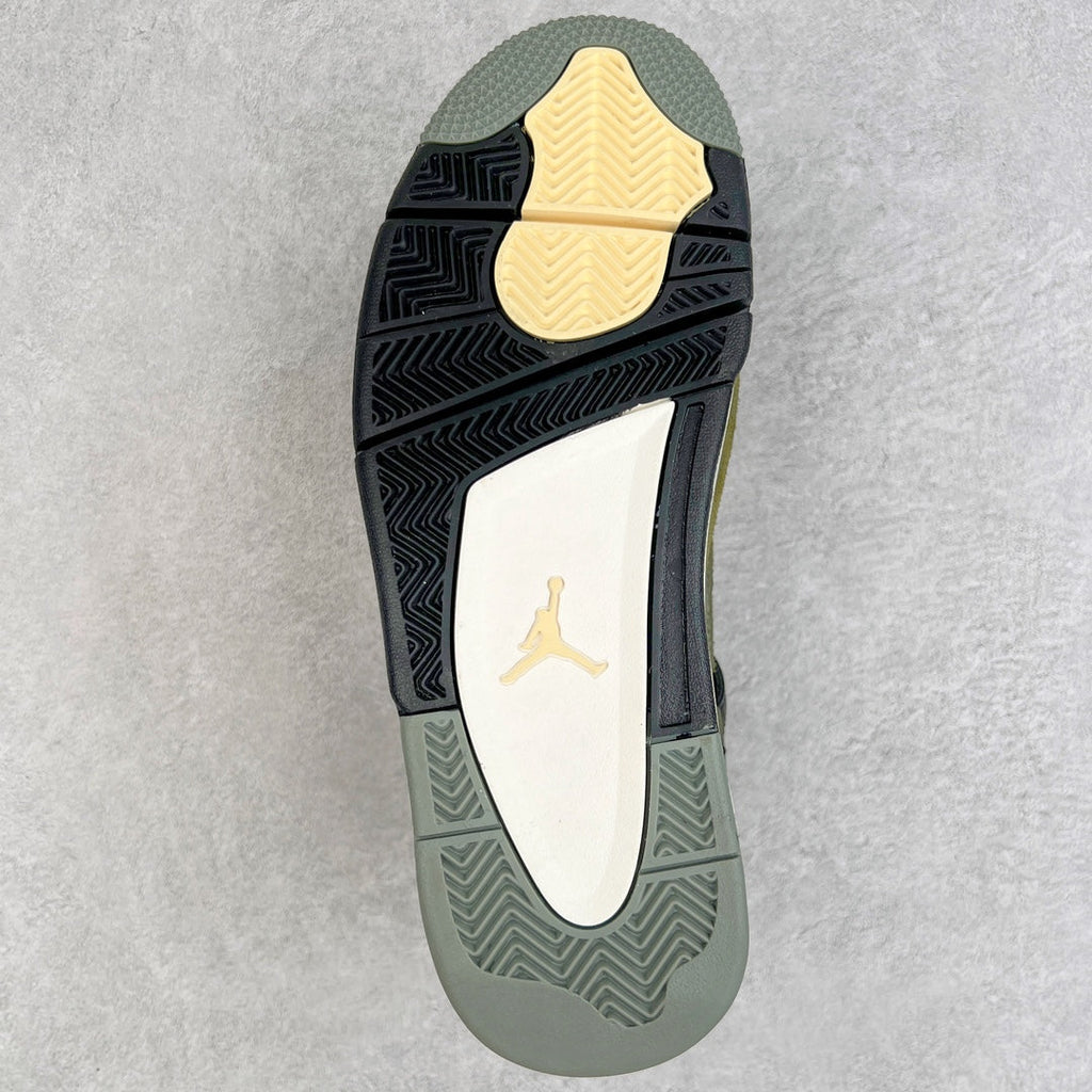 Olive sneaker outsole with black herringbone tread and Jumpman logo marking
