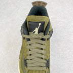 Olive sneaker with dark collar padding and Jumpman logo on the heel strap