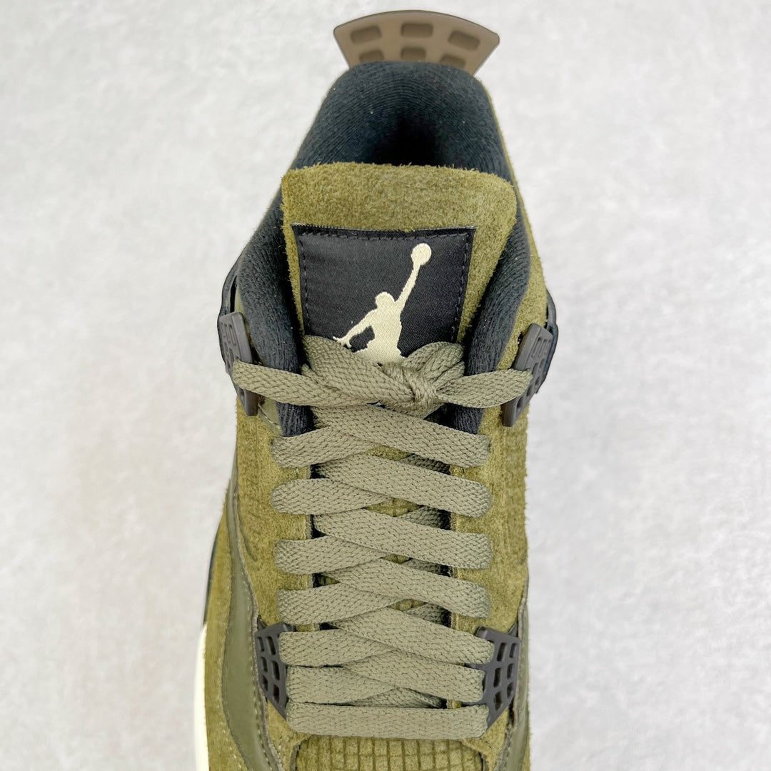 Olive sneaker with dark collar padding and Jumpman logo on the heel strap