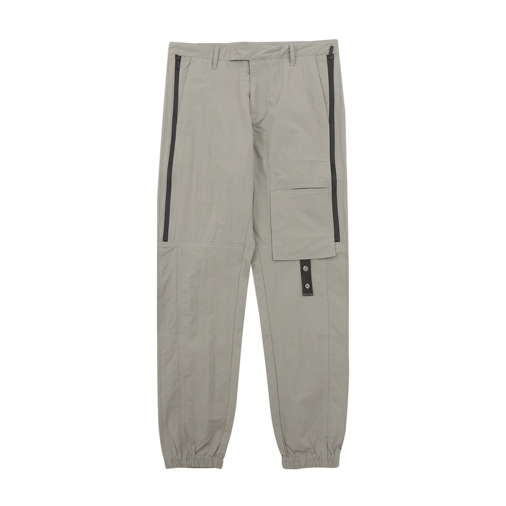 Dior pants, light gray jogger style with drawstring waist and cuffed hems