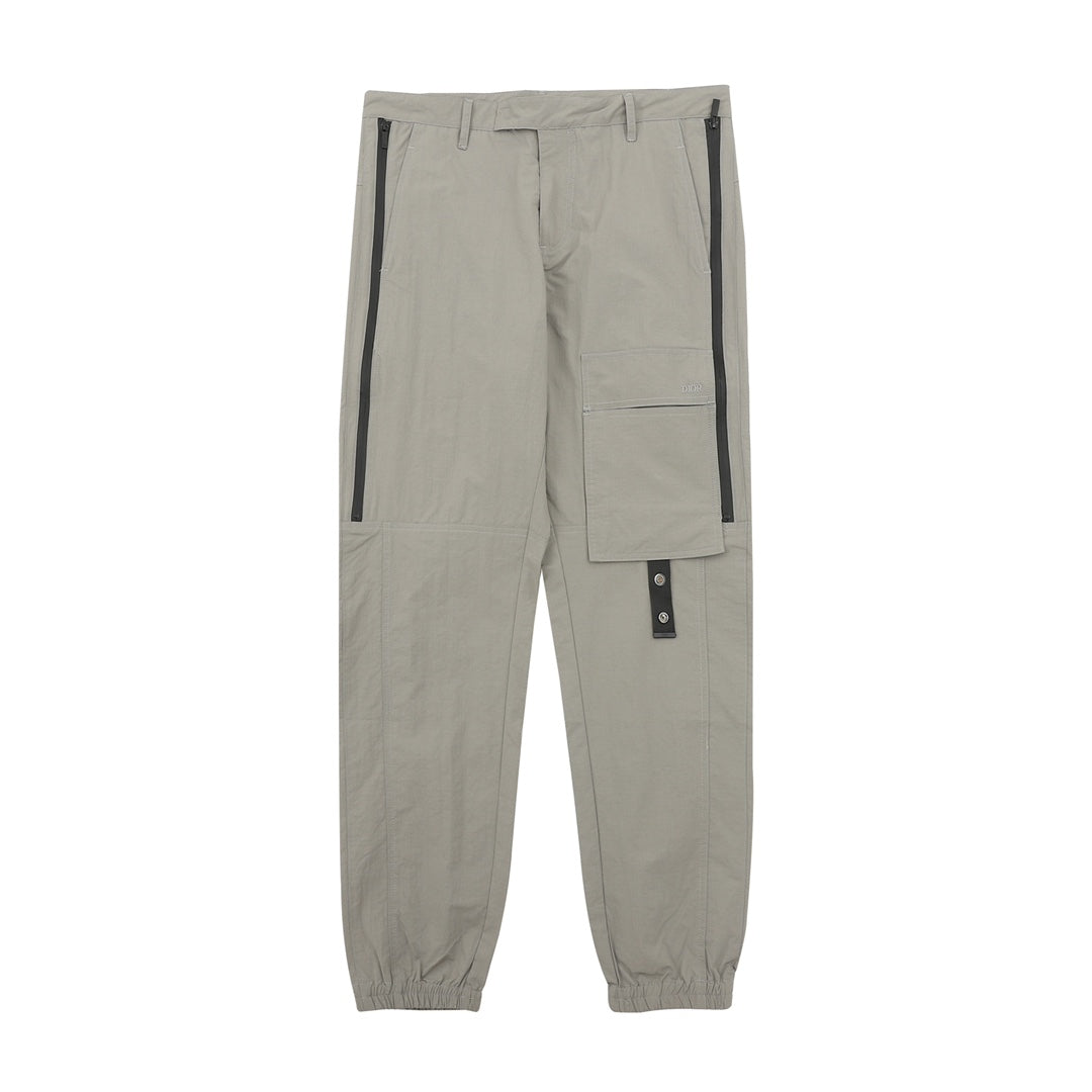 Dior pants, light gray jogger style with drawstring waist and cuffed hems