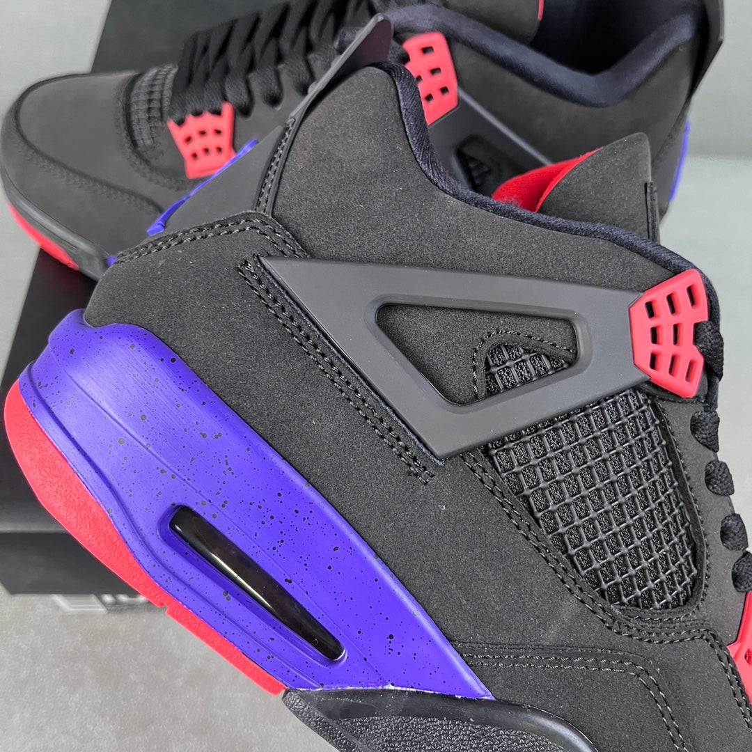 Black Air Jordan 4 sneaker with purple midsole, red accents, and lace-up tongue