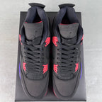 Black Air Jordan 4 sneakers front view with red and purple branding details