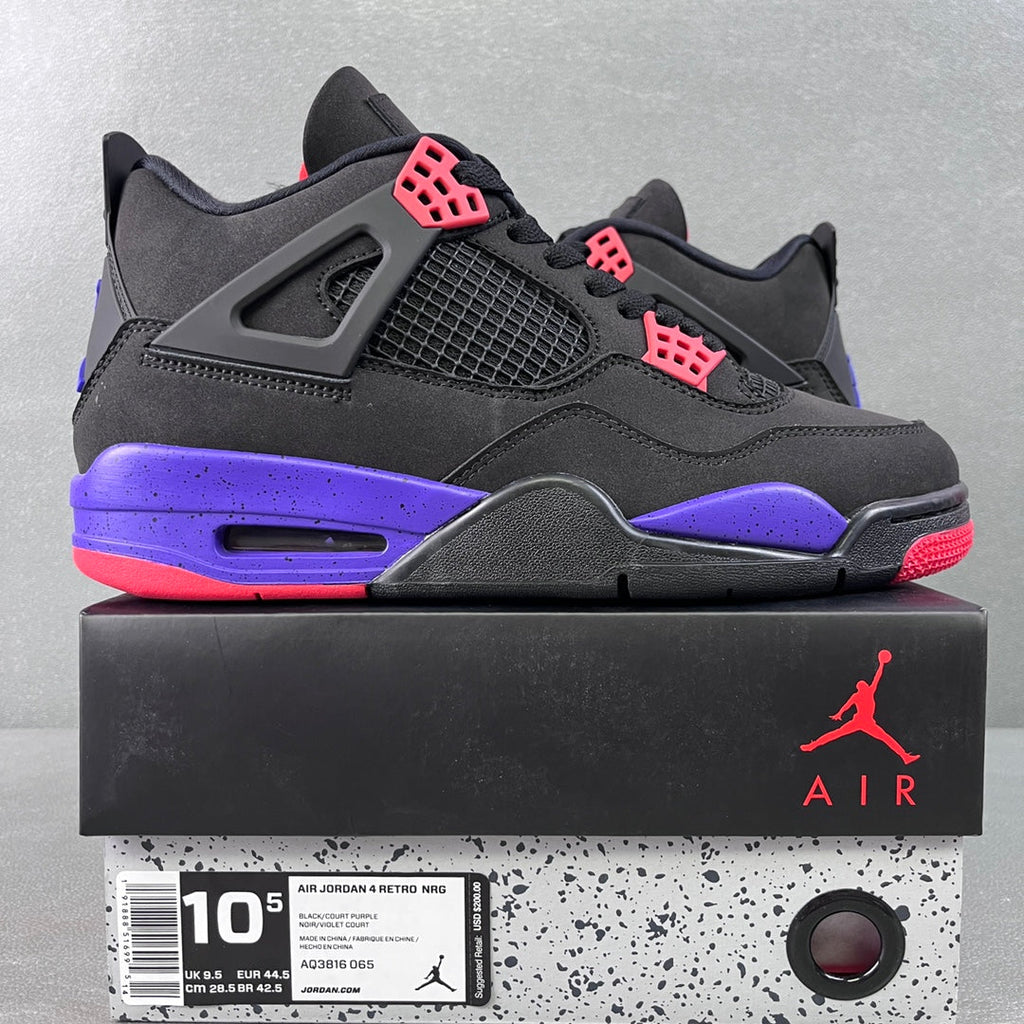 Black and purple Air Jordan 4 sneakers with red accents and net panel detail