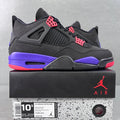 Black and purple Air Jordan 4 sneakers with red accents and net panel detail