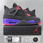 Black and purple Air Jordan 4 sneakers with red accents and net panel detail