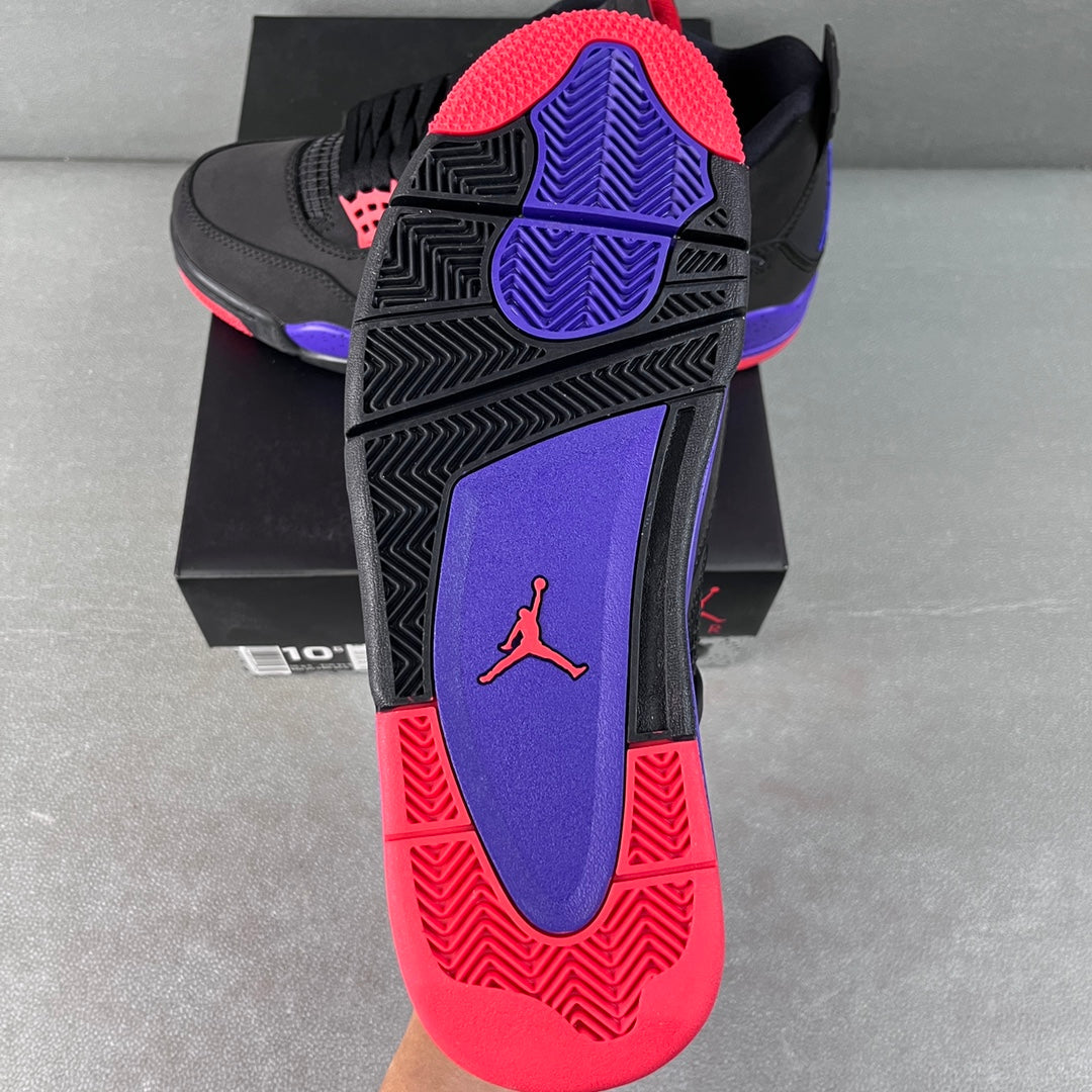 Air Jordan 4 sneaker heel view with purple sole, red outsole, and Jordan logo