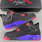 Black Air Jordan 4 sneakers side-by-side with purple midsole and red lace locks