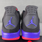 Air Jordan 4 sneakers back view with purple midsole and red-accent heel tabs
