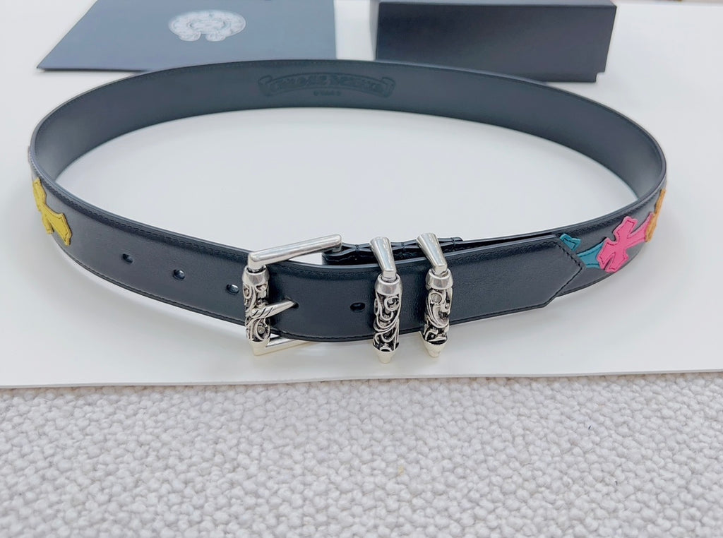 Chrome belt: dark blue strap with colorful star trim and silver buckle hardware