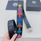 Chrome belt close-up: dark blue strap with rainbow star pattern and silver buckle ends