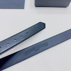 Dark leather belt with embossed logo text on underside and row of holes