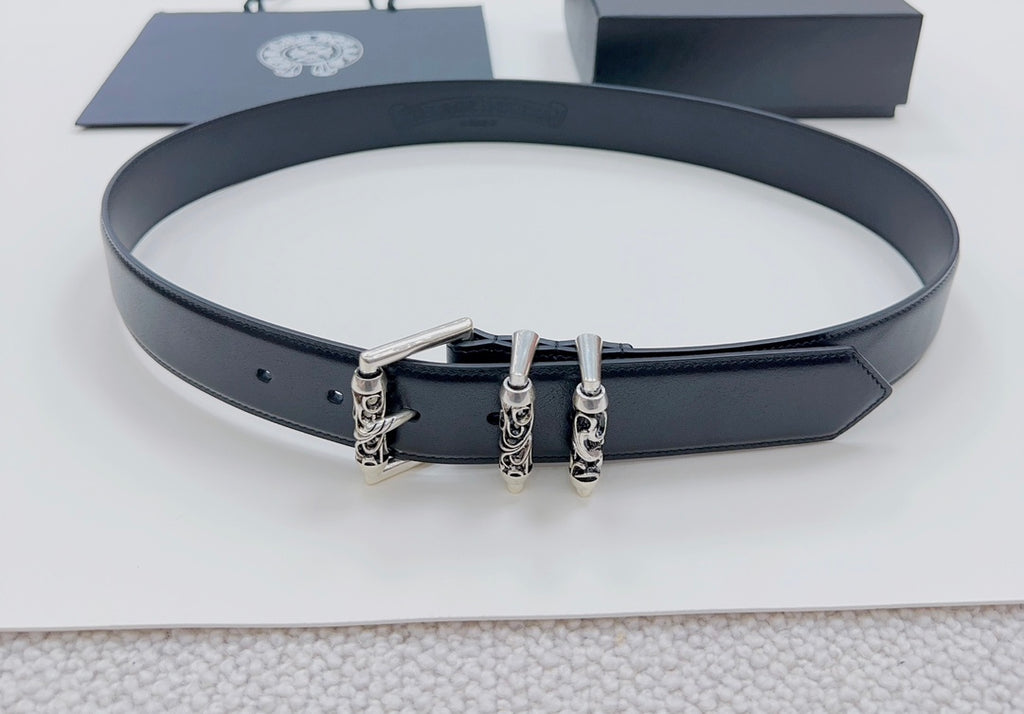 Dark leather belt with silver triple-prong buckle detail, laid flat