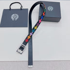 Dark blue belt with colorful cross pattern and silver rectangular buckle