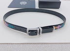 Dark blue belt with multicolor cross trim and shiny silver buckle hardware