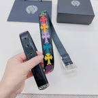 Dark blue belt segment with colorful cross pattern and silver buckle on the end