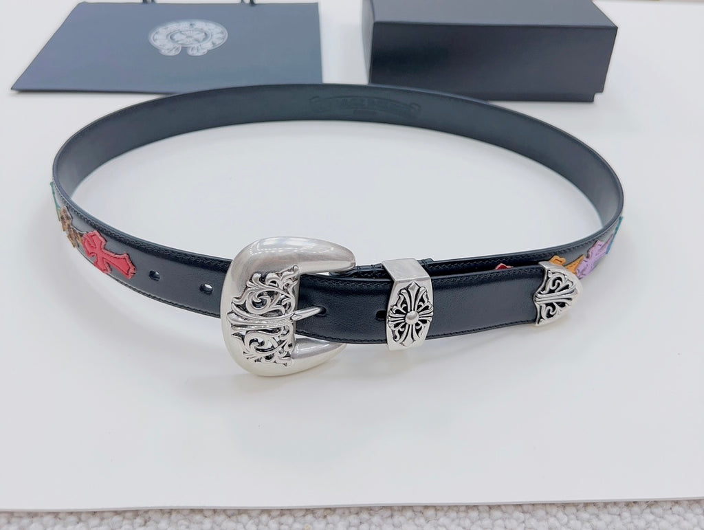 Dark blue leather belt with silver oval buckle and multicolor cross-embellished border.