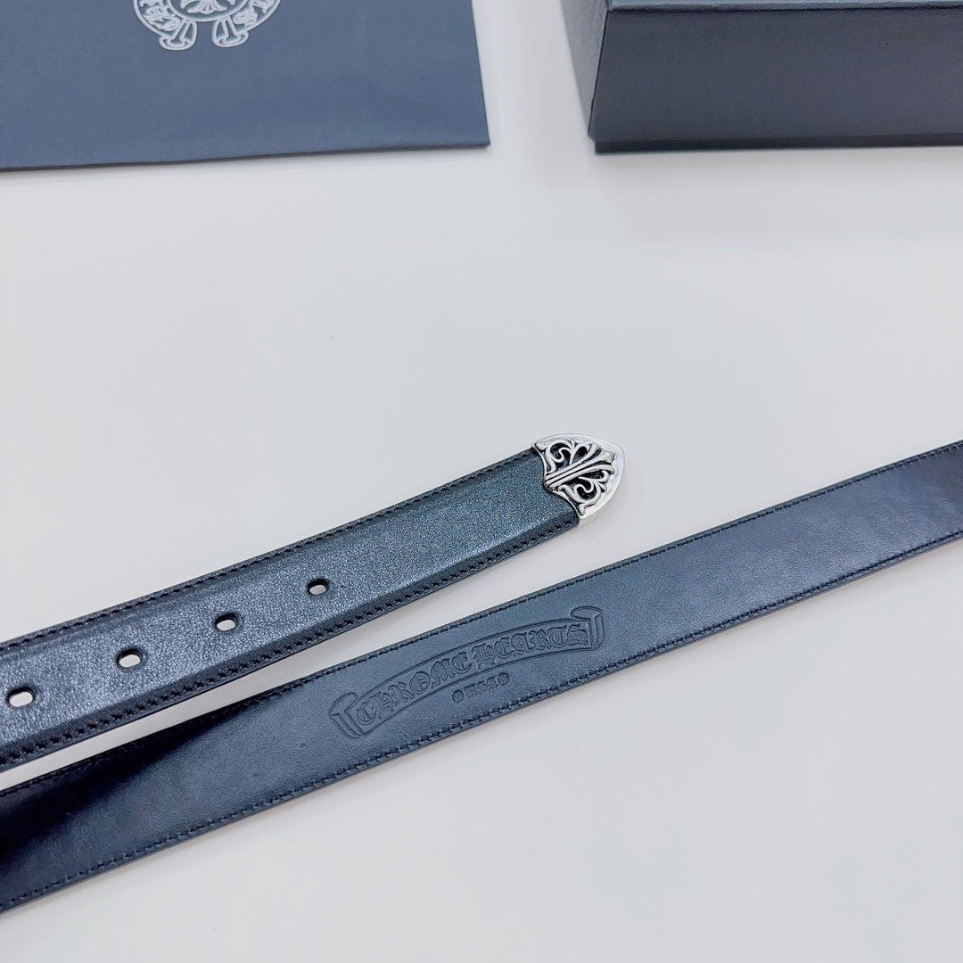 Dark blue leather belt strap with punched holes and embossed logo near buckle end.