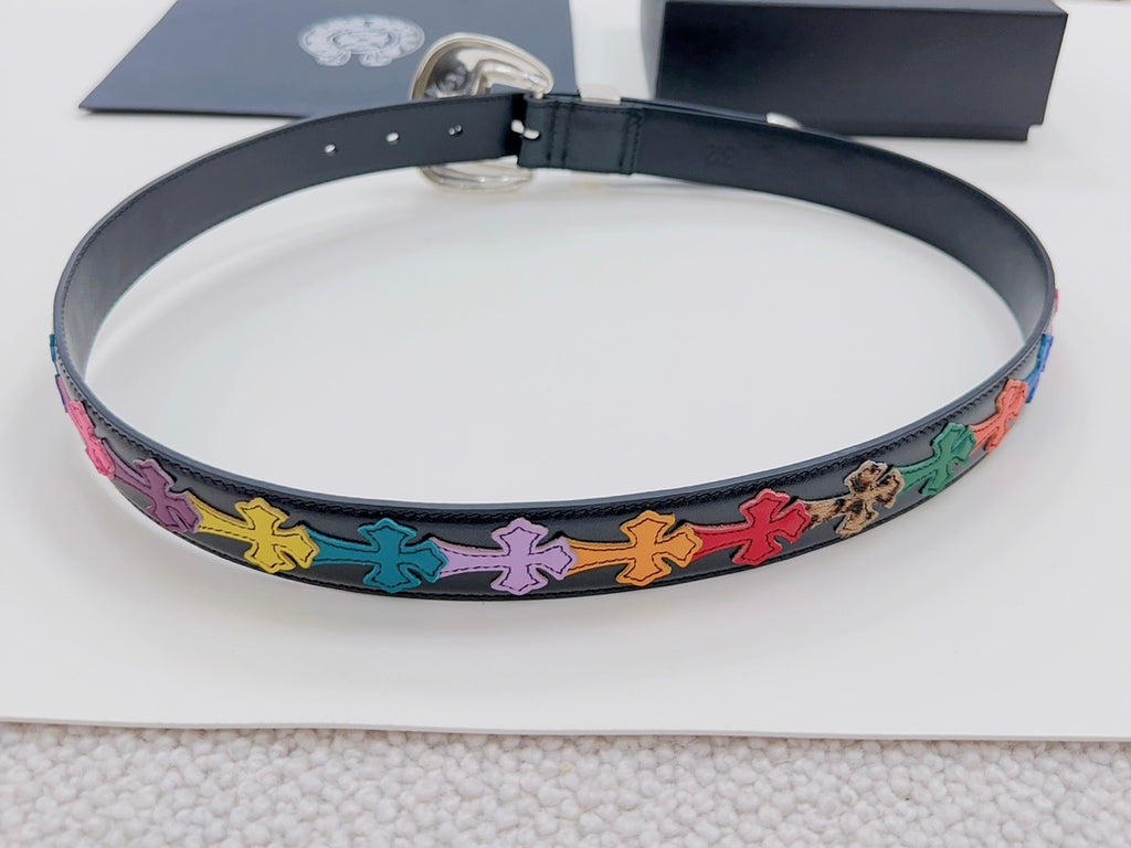 Round-belt view: dark blue leather with multicolor cross pattern along the strap edge.