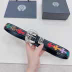 Dark blue belt with ornate silver buckle and multicolor cross inlays, shown at an angle.