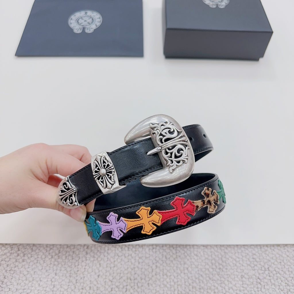 Dark blue leather belt with silver buckle set and multicolor cross-pattern strap detail.