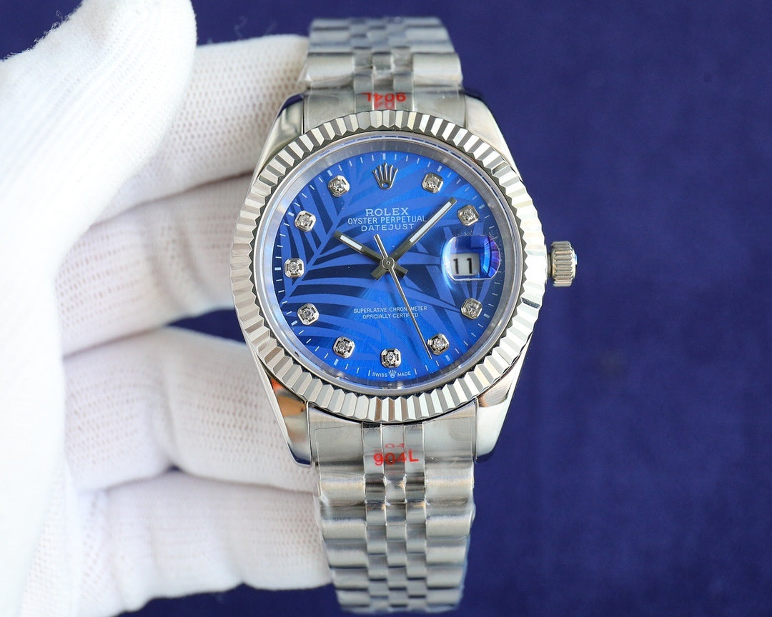 Rolex watch with blue dial, silver bezel and steel metal bracelet
