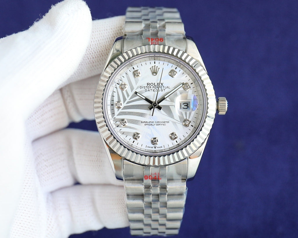 Rolex watch with white dial, silver bezel and steel metal bracelet