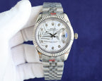 Rolex watch with white dial, silver bezel and steel metal bracelet