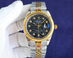 Rolex watch with black dial, gold bezel and two-tone metal bracelet