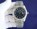 Rolex watch with dark dial, silver metal bracelet, and date window at 29