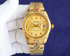 Rolex watch with gold-toned dial, two-tone metal bracelet, and date window