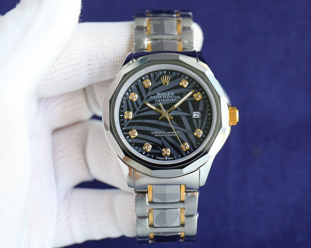 Rolex Datejust watch with black dial, two-tone steel and gold bracelet