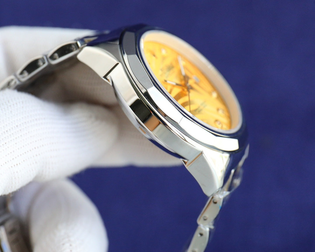 Rolex watch side view with curved case and yellow dial