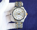 Rolex Datejust watch with white dial and gold accents, two-tone steel bracelet