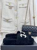 Women's dark navy CHANEL fuzzy slide sandals with pearl CC logo strap
