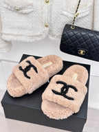 Beige sherpa slides with black beaded logo strap, womens luxury shoes