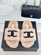 Beige sherpa slide slippers with black beaded logo straps, womens luxury shoes