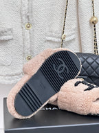 Beige plush slide slippers with black tread sole and black beaded logo, womens luxury shoes