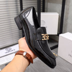 Versace black patent leather loafer with gold buckle and block heel
