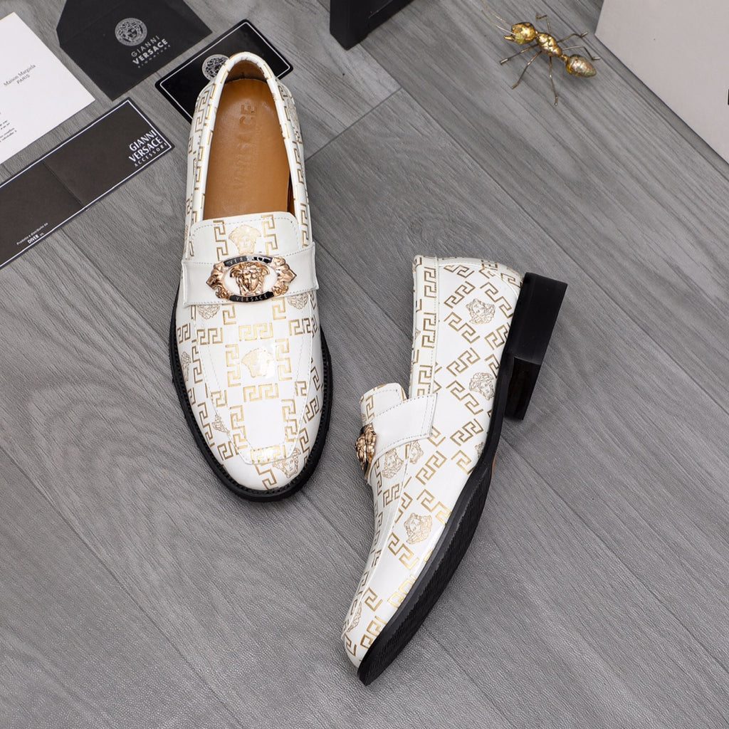 Versace luxury shoes, white slip-on loafers with gold crest emblem and black outsole