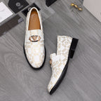 Versace luxury shoes, white slip-on loafers with gold crest emblem and black outsole