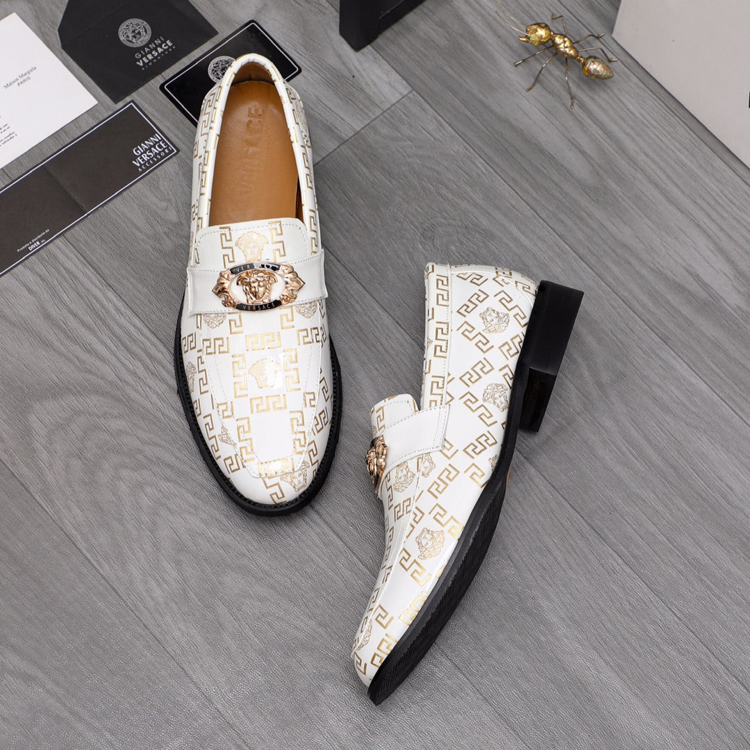 Versace luxury shoes, white slip-on loafers with gold crest emblem and black outsole
