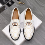 Versace luxury shoes, white slip-on loafers with gold medallion and logo pattern