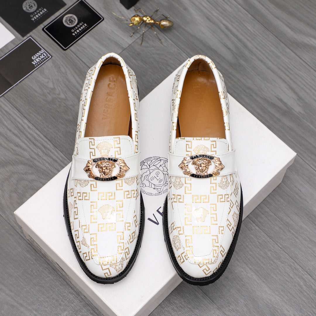 Versace luxury shoes, white slip-on loafers with gold medallion and logo pattern